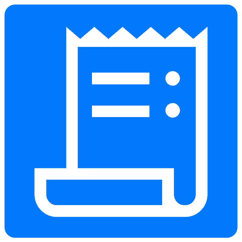 Blue receipt icon with checklist in white.