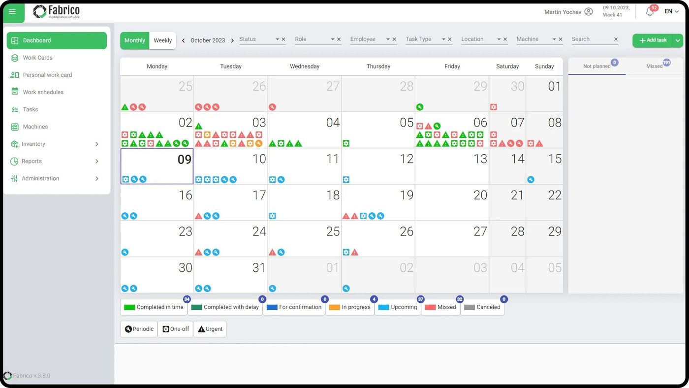 Image showing calendar view of Fabrico OEE dashboard