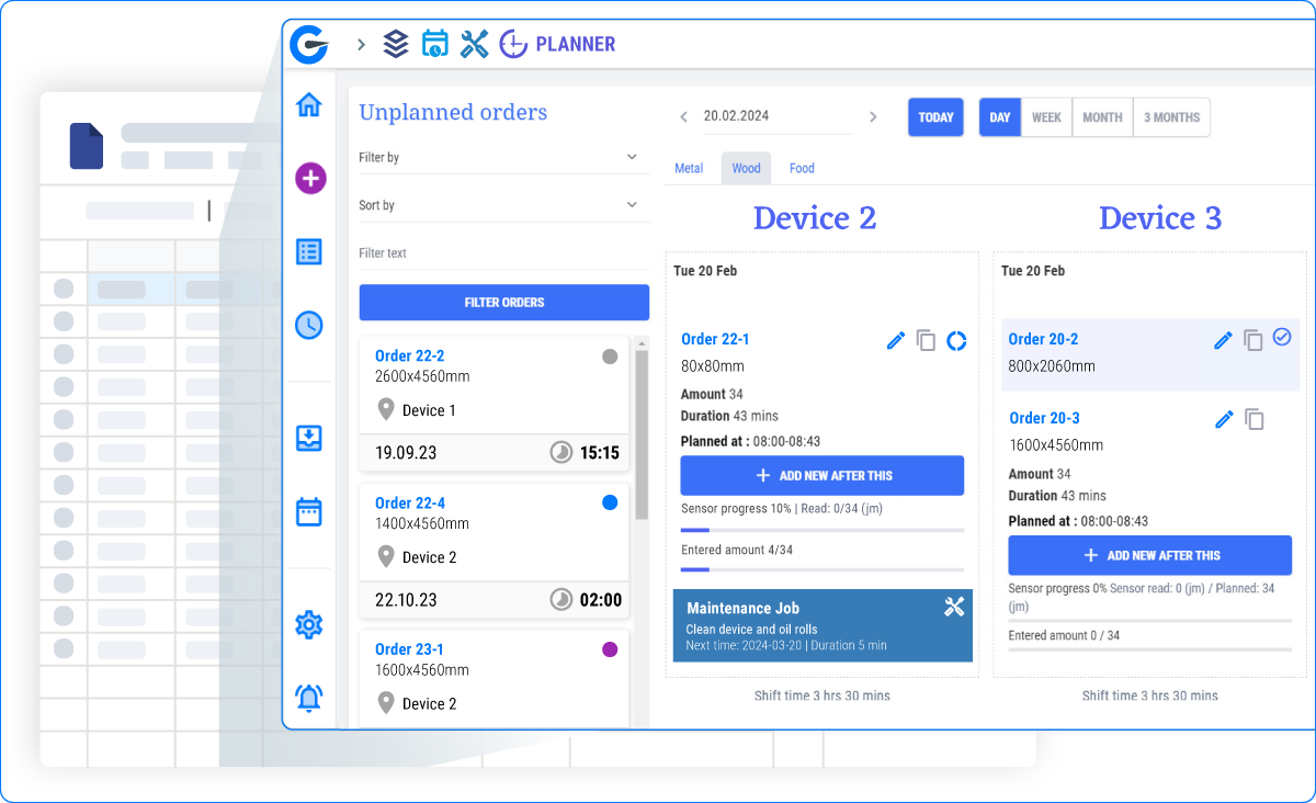 A computer screen displaying a project planner interface with unplanned orders listed, details for orders on multiple devices, and schedule information for February 20th.