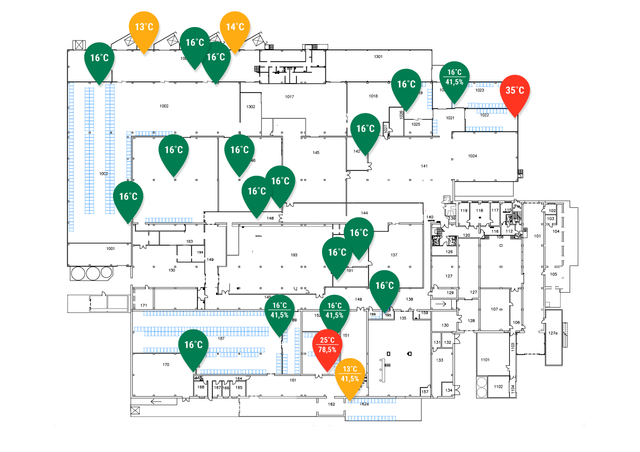 Floor plan with temperature and humidity markers in various locations, showing temperatures from 13 to 35 degrees Celsius and humidity levels from 41.5% to 78.5%.