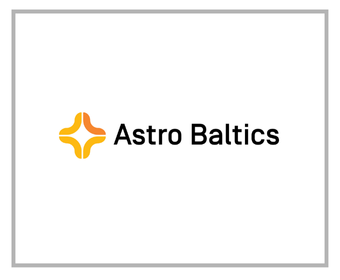 Logo for Astro Baltics with orange and yellow abstract star icon and black text
