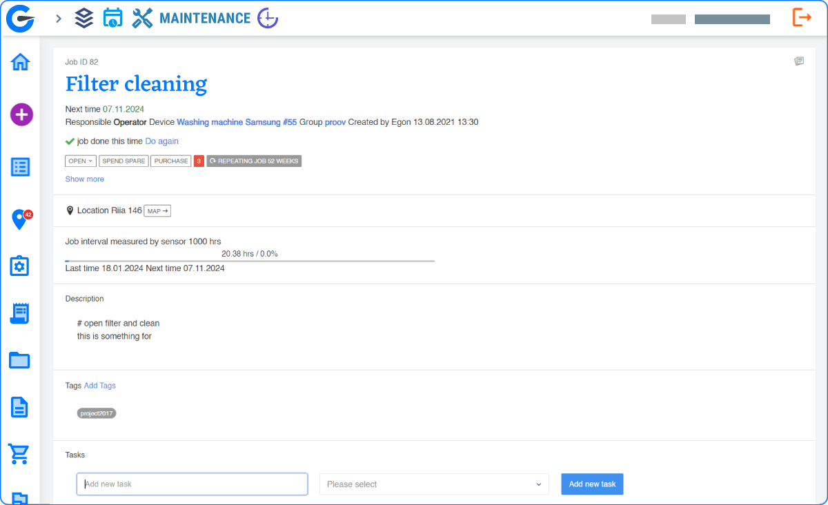 Screenshot of a maintenance job page in GlobalReader showing a filter cleaning task with schedule, location, description, and task updates.