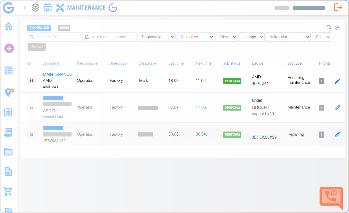 A maintenance scheduling software dashboard showing three scheduled jobs with details such as job name, responsible person, user group, creation date, next scheduled date, status, device, job type, and priority.