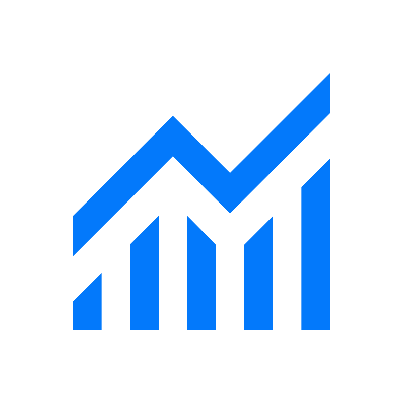 Blue bar chart with upward trend line on black background.