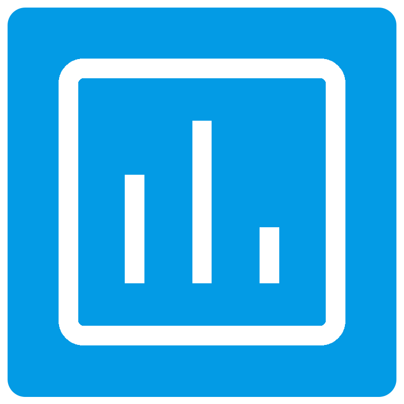 Icon of a bar chart with three vertical bars inside a square, blue background.