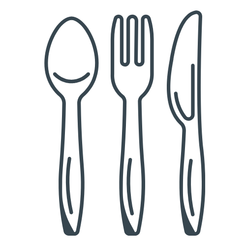 Outline drawing of a spoon, fork, and knife on a black background.