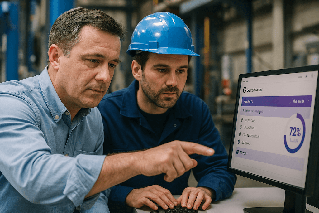 Two men, one in a light blue button-up shirt and the other wearing a blue hard hat and dark blue work shirt, look at a computer screen displaying a survey analysis with a 72% completion rate.