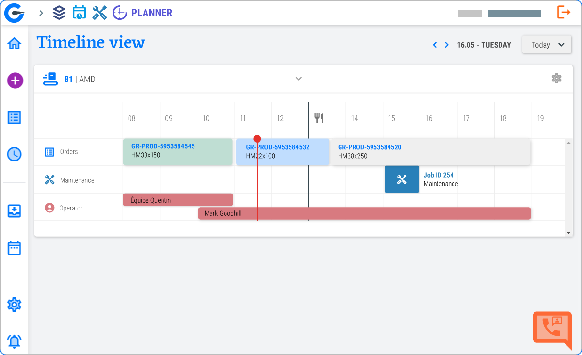 Timeline view of scheduled work and staff on May 16th, Tuesday, including orders, maintenance, and operator shifts, with color-coded tasks and staff names.