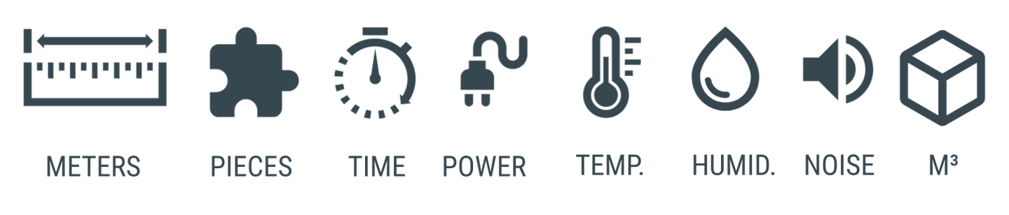 Set of icons representing parameters for a machine or device: meters, puzzle piece, timer, power, temperature, humidity, noise, volume, and cubic meters.