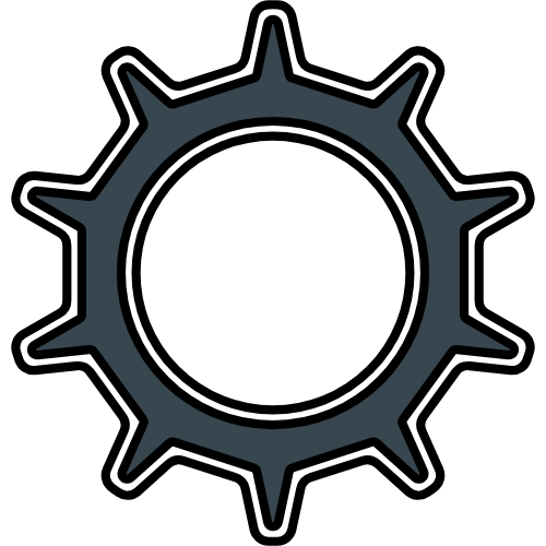 A circular design resembling a gear with pointed edges, in dark gray and black, surrounding a white circle with black and white inner rings.