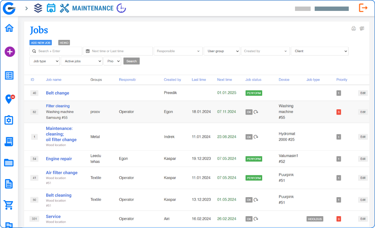 Screenshot of a maintenance job management dashboard showing a list of jobs with details such as job names, responsible persons, created dates, last times, next times, job statuses, devices, job types, and priorities.