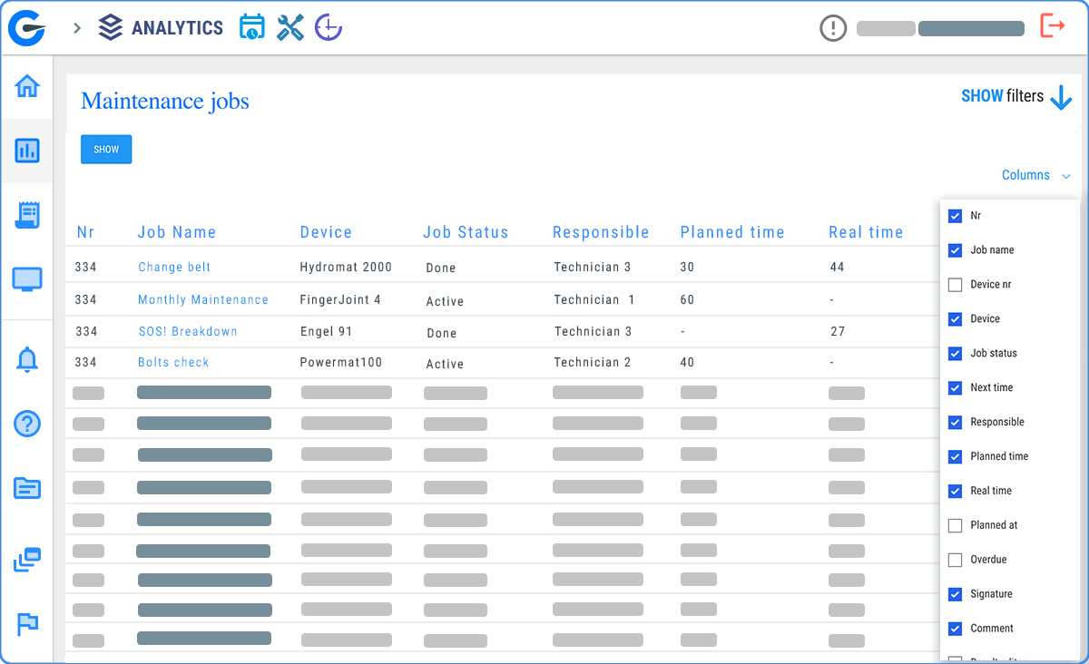 A computer screen displaying a maintenance jobs dashboard with a table listing job details, such as job name, device, job status, responsible technician, planned time, and real-time updates. The table shows four entries for different maintenance tasks, with checkboxes for filtering options on the right.