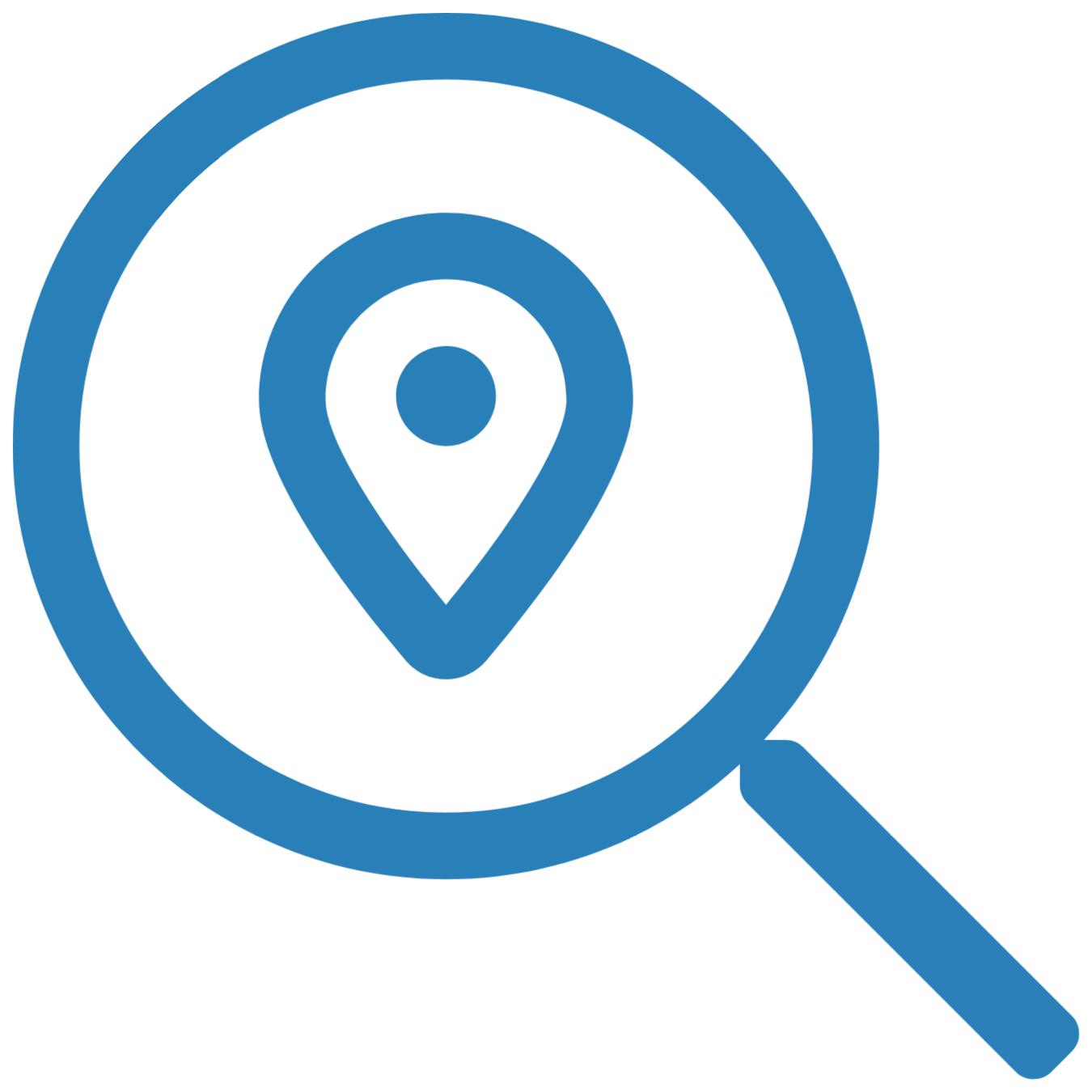Magnifying glass with a location pin icon representing machine and spare parts inventory visibility.