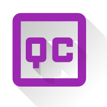 purple "QC" icon with shadow effect on white background