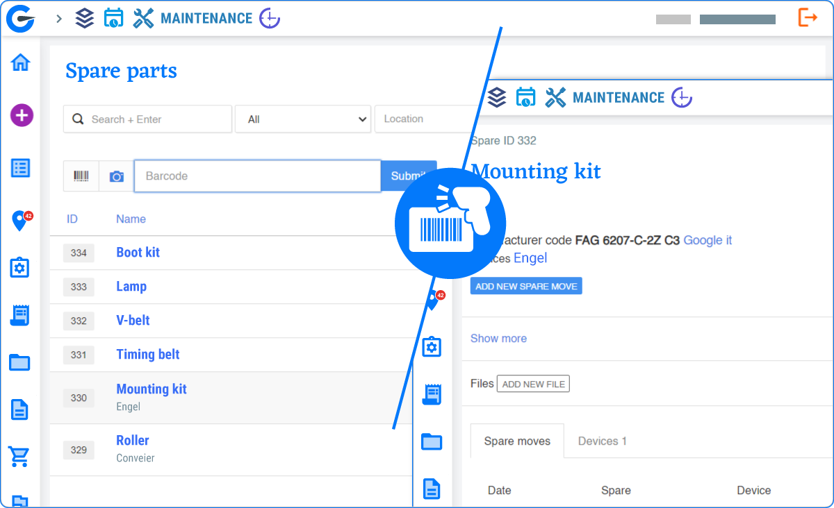 GlobalReader maintenance software interface showing a spare parts list with barcode search and a detailed view of a selected part