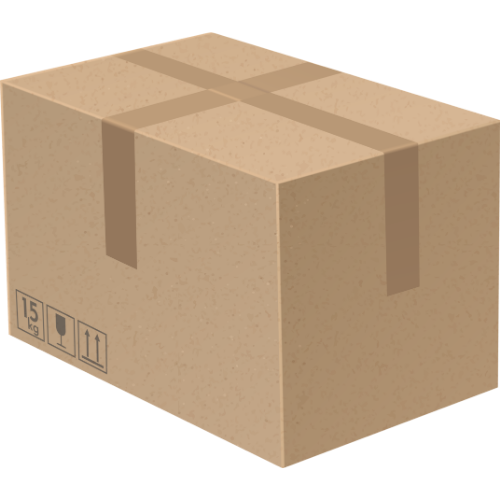 A plain cardboard moving box sealed with packing tape, with handling and shipping icons printed on the side.