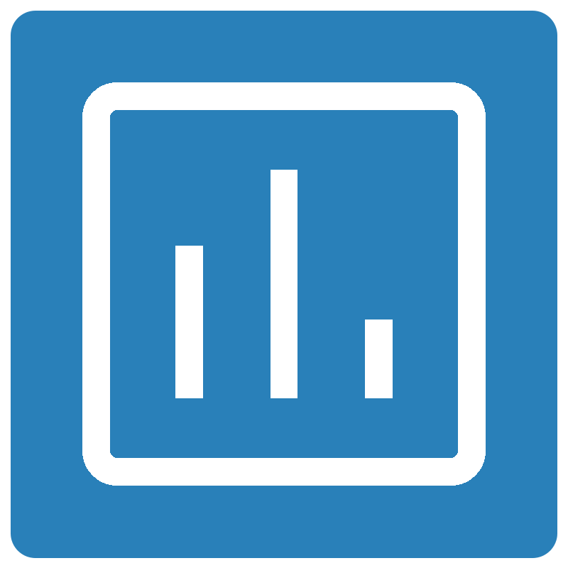 Blue icon with three vertical bar graph elements inside.