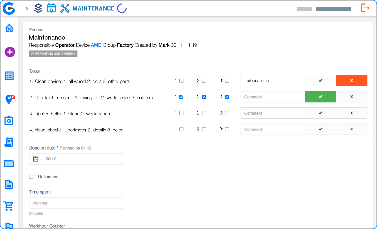 Example of recorded maintenance jobs